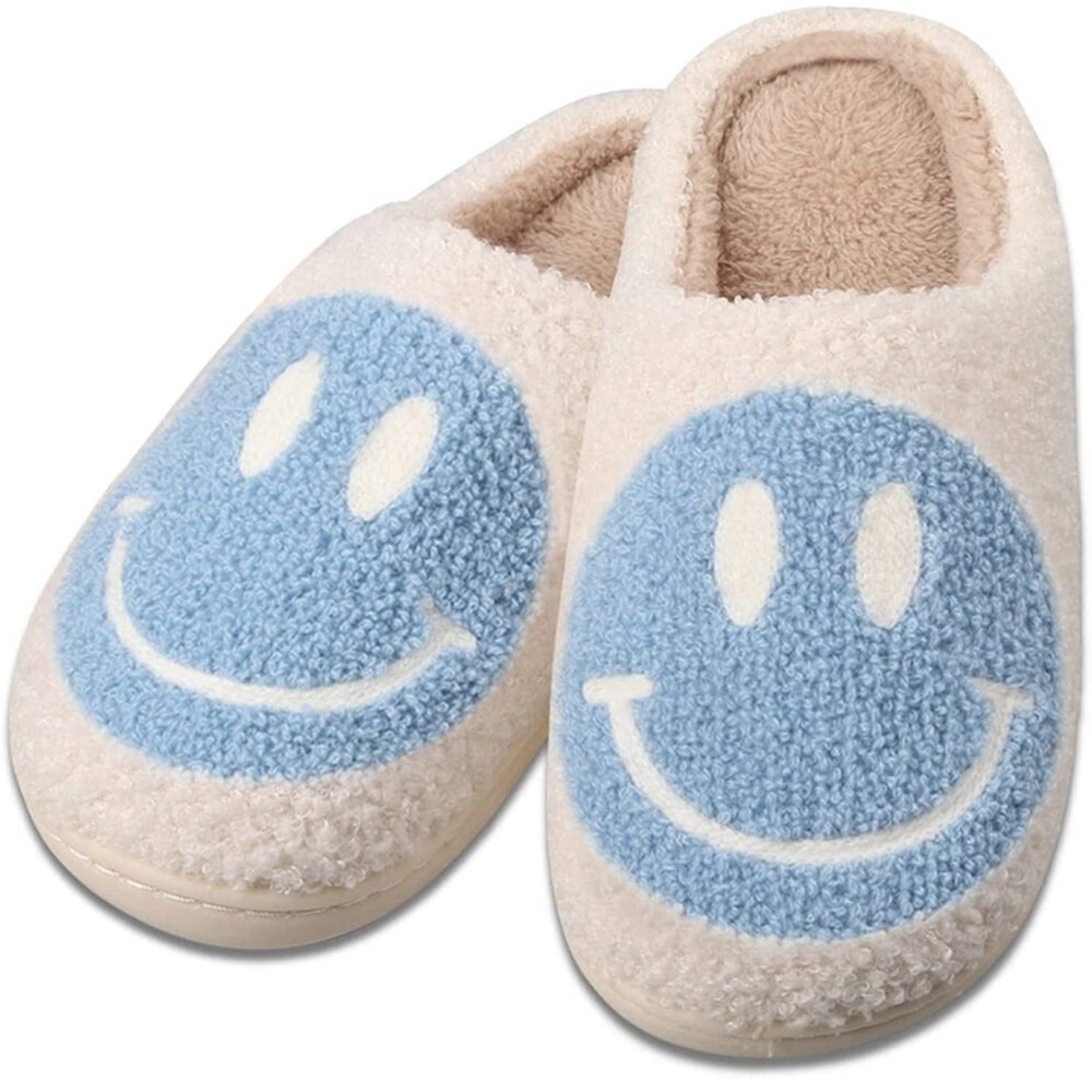 NWT Retro Blue Smiley Face Fuzzy Sherpa Slippers